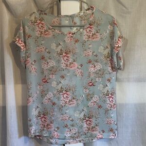 Floral Short Sleeve Blouse - Light Blue with Pink Floral